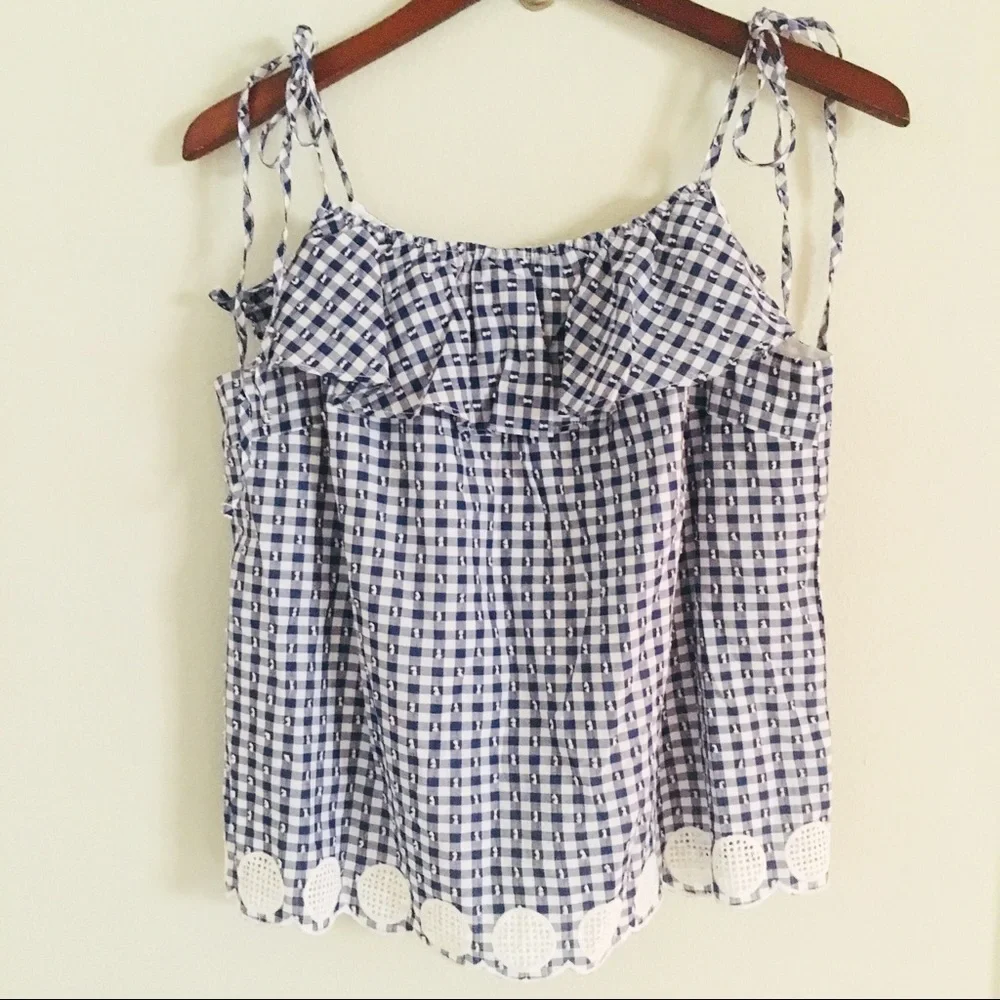 J. Crew Gingham Blue Ruffle Tie Shoulder Eyelet top